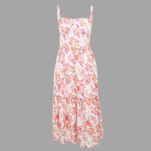 Midi dress with floral print and square neckline