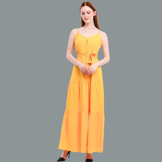 Buttoned maxi dress with V-neck and belt