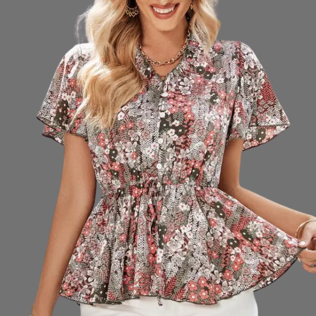 Floral peplum blouse with V-neckline