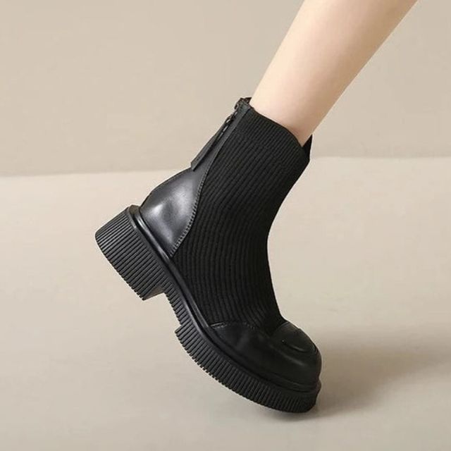 Ribbed knit platform ankle boots with zip detail