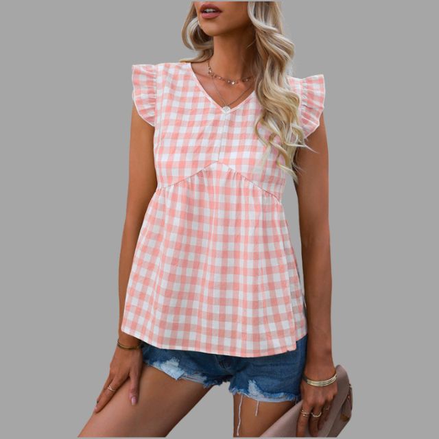 Checked gingham blouse with ruffled sleeves