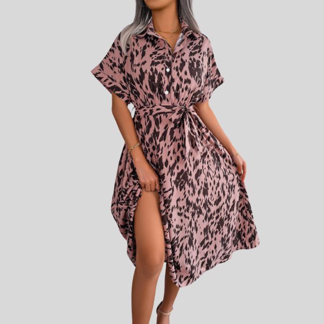 Flowing shirt dress with gathered waist