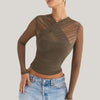 Sheer long-sleeved mesh top with layered wrap design