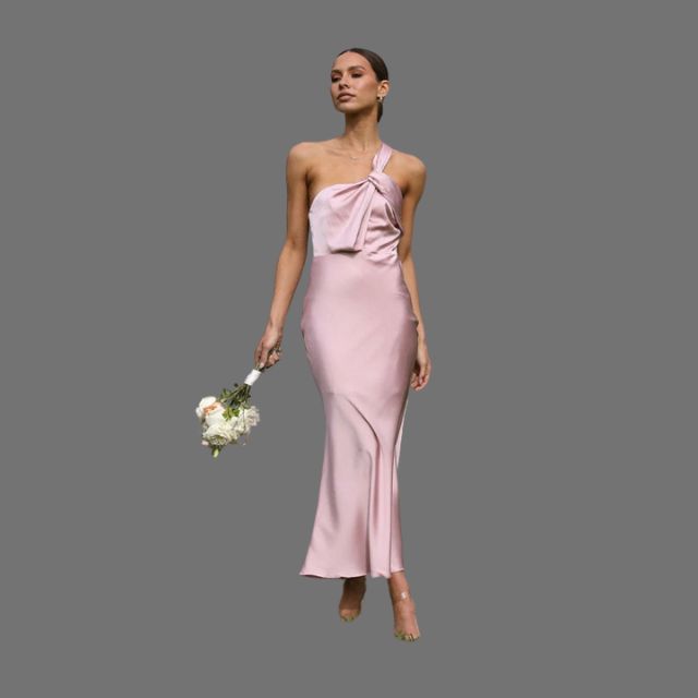 One-shoulder satin dress with draped detail