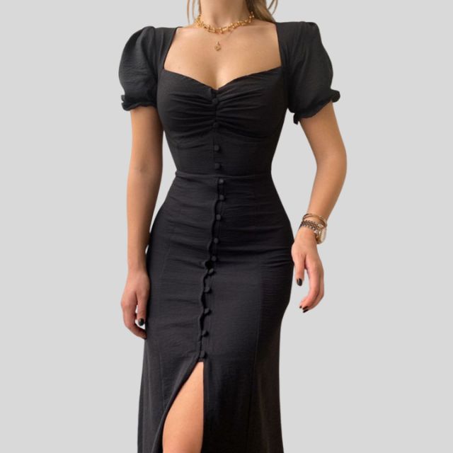 Midi dress with puff sleeves, button placket and slit at the hem