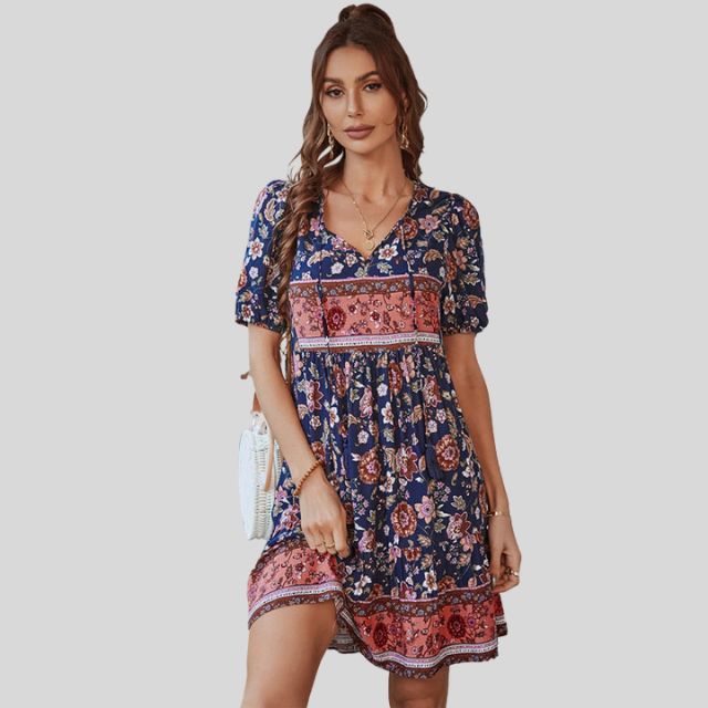 Boho-chic floral dress with high waist