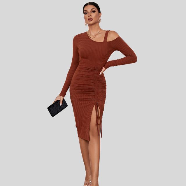 Ribbed knit dress with asymmetric shoulder