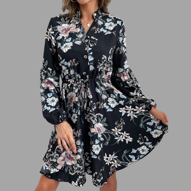 Shirt dress with floral pattern and gathered waist