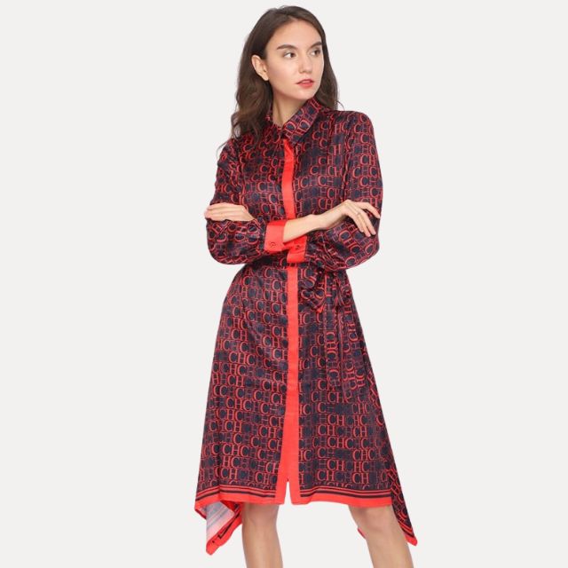 Asymmetric shirt dress with print and belt