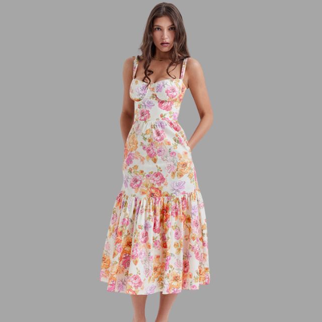 Midi dress with floral print and square neckline