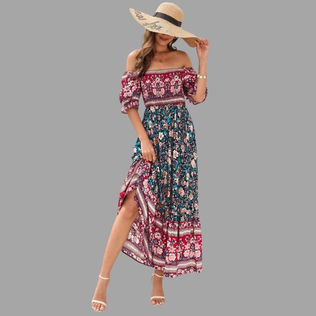 Boho maxi dress with floral pattern and off-the-shoulder cut