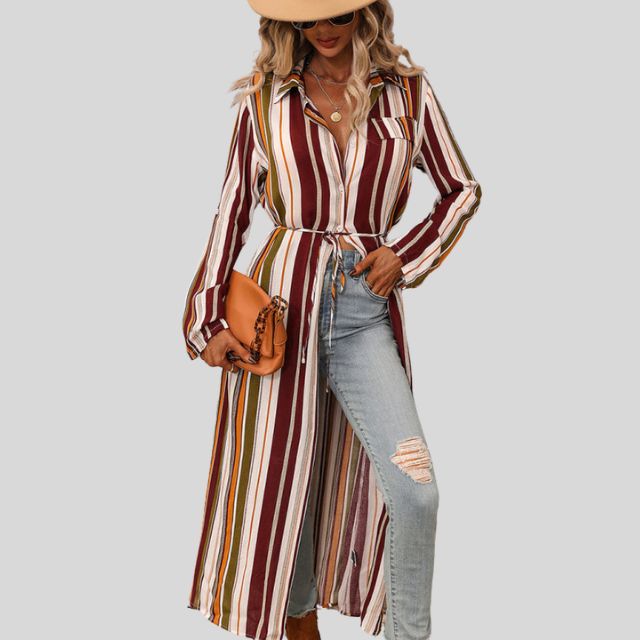 Striped shirt dress with belt and high slit