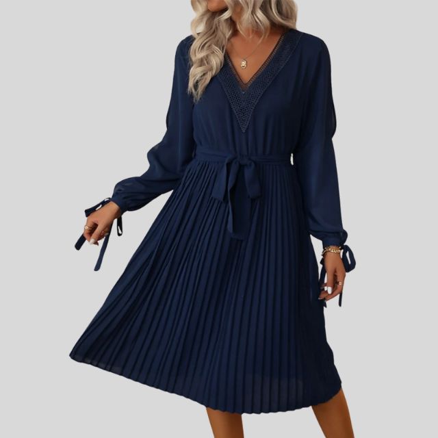 Elegant pleated midi dress with tie sleeve detail