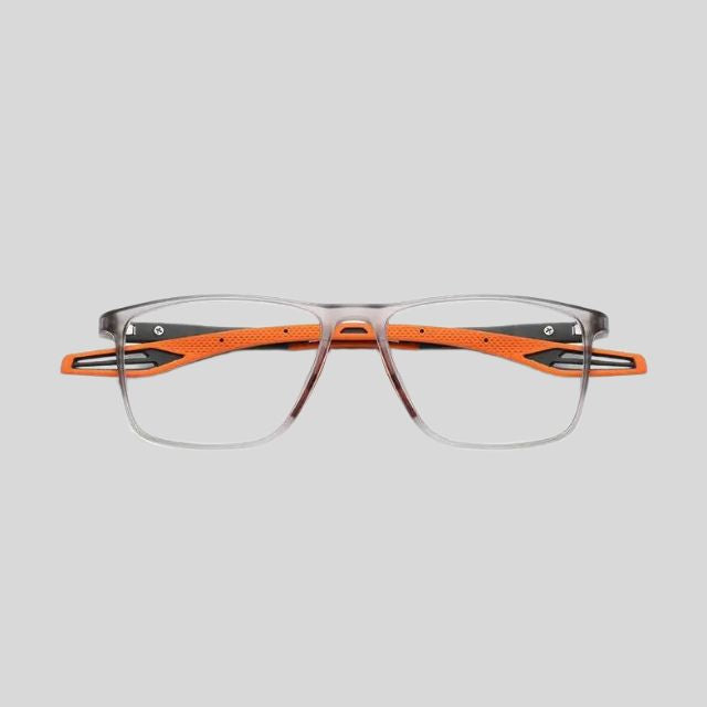 Contemporary rectangular glasses with coloured temples