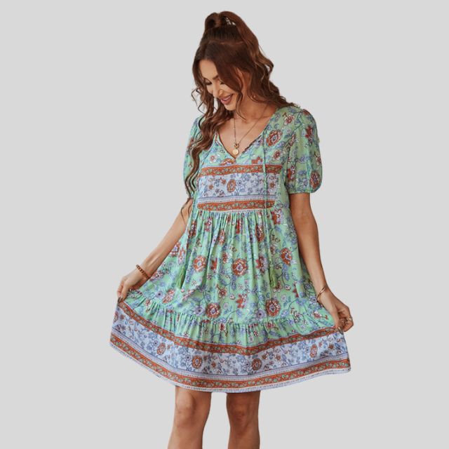 Boho-chic floral dress with high waist