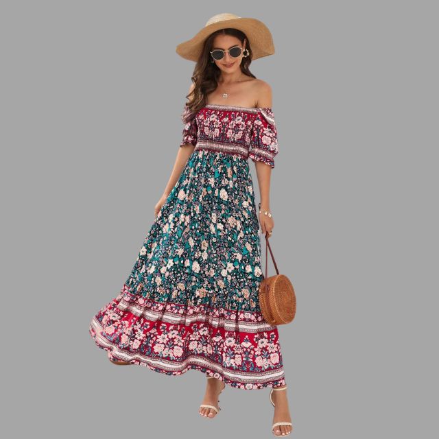 Boho maxi dress with floral pattern and off-the-shoulder cut