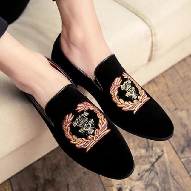 Velvet loafers with embroidered coat of arms