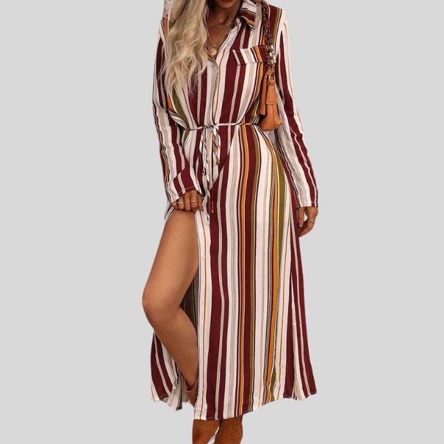 Striped shirt dress with belt and high slit