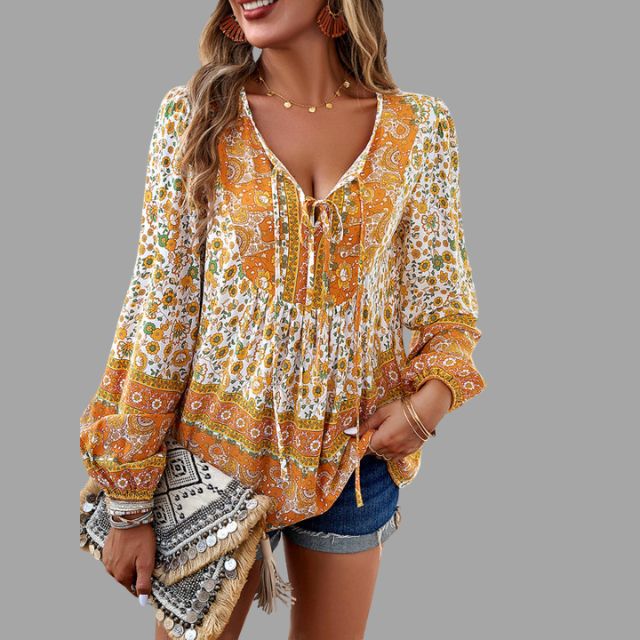 Bohemian paisley pattern tunic with lacing at the neckline