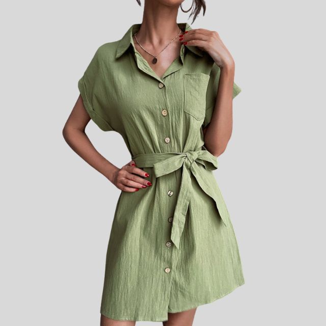 Shirt dress with button placket and waistband