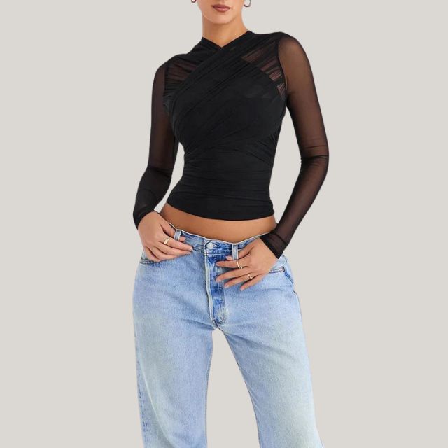 Sheer long-sleeved mesh top with layered wrap design