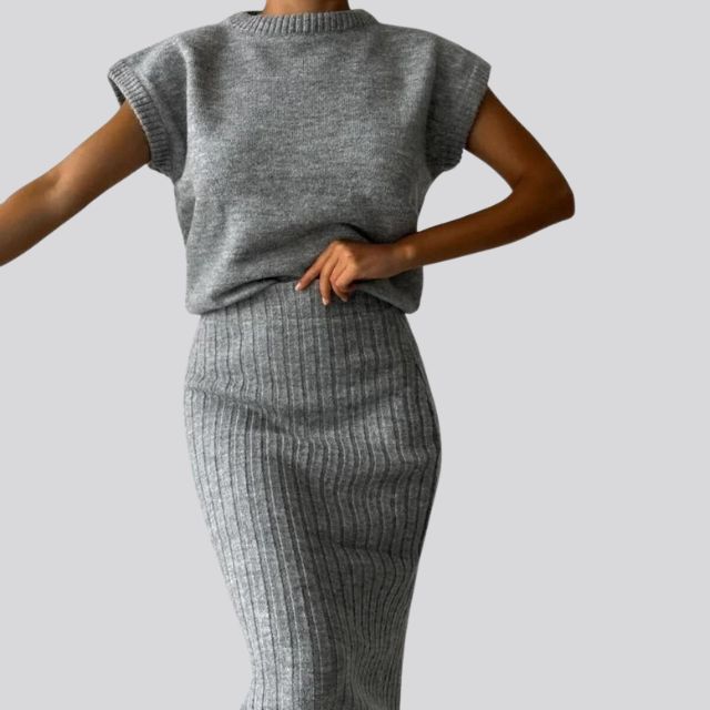 Sleeveless Knitted Top and Matching Ribbed Midi Skirt Set