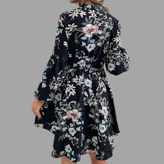 Shirt dress with floral pattern and gathered waist