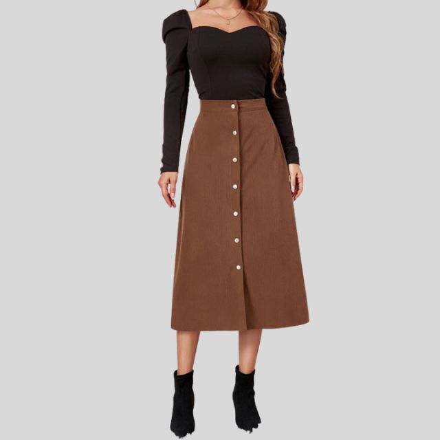 Ribbed A-line midi skirt with button placket