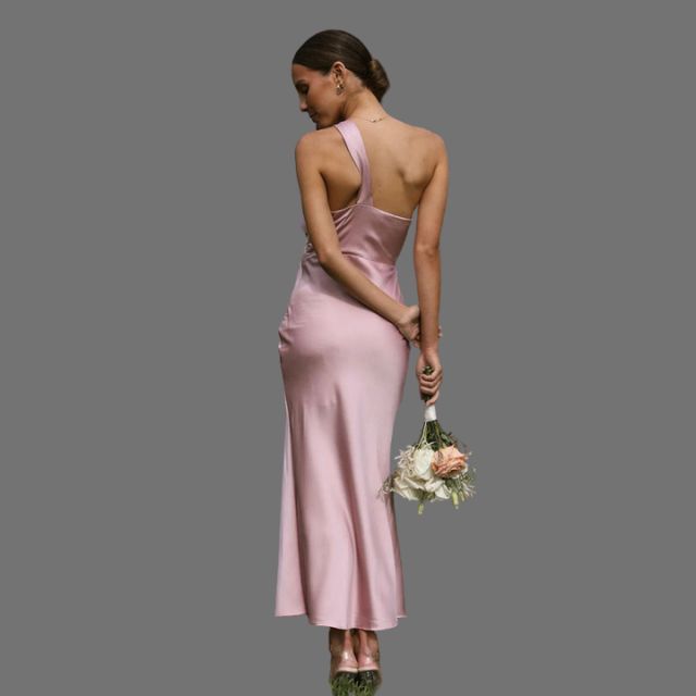 One-shoulder satin dress with draped detail