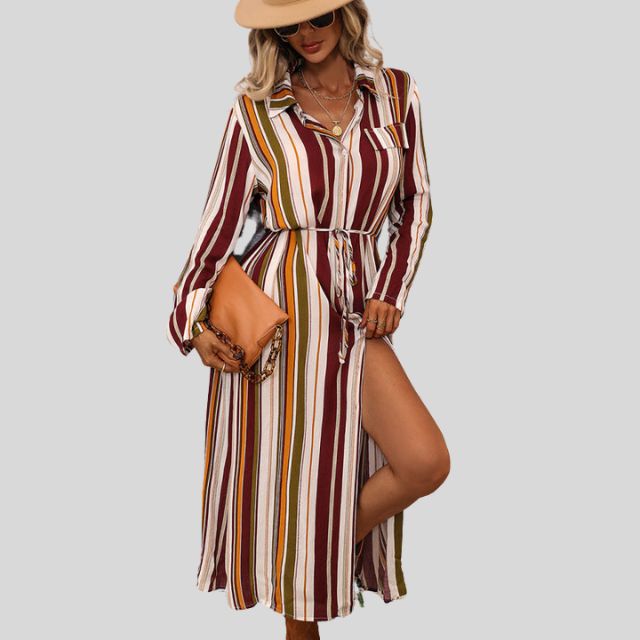 Striped shirt dress with belt and high slit