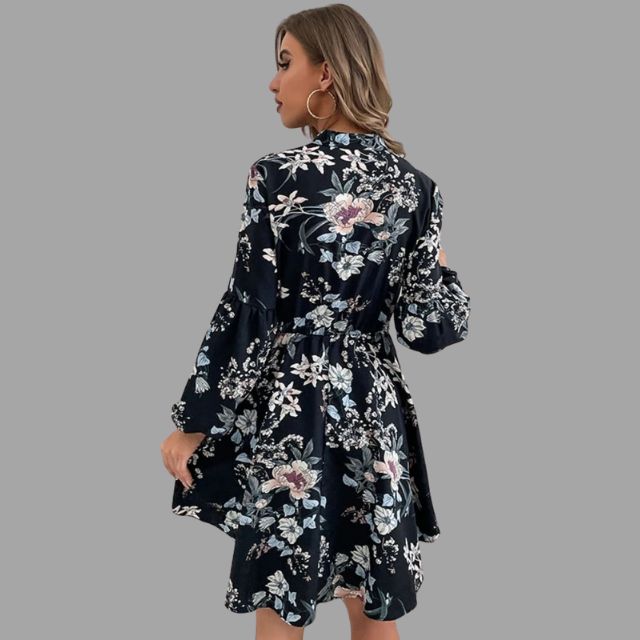 Shirt dress with floral pattern and gathered waist