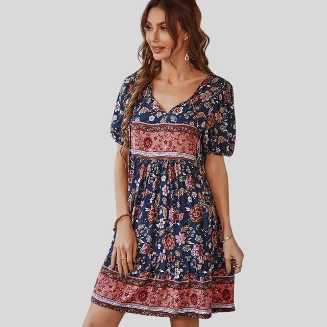 Boho-chic floral dress with high waist