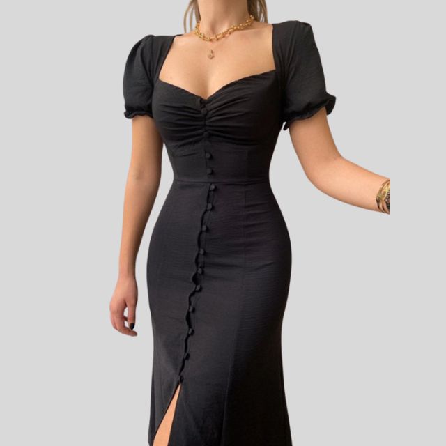 Midi dress with puff sleeves, button placket and slit at the hem