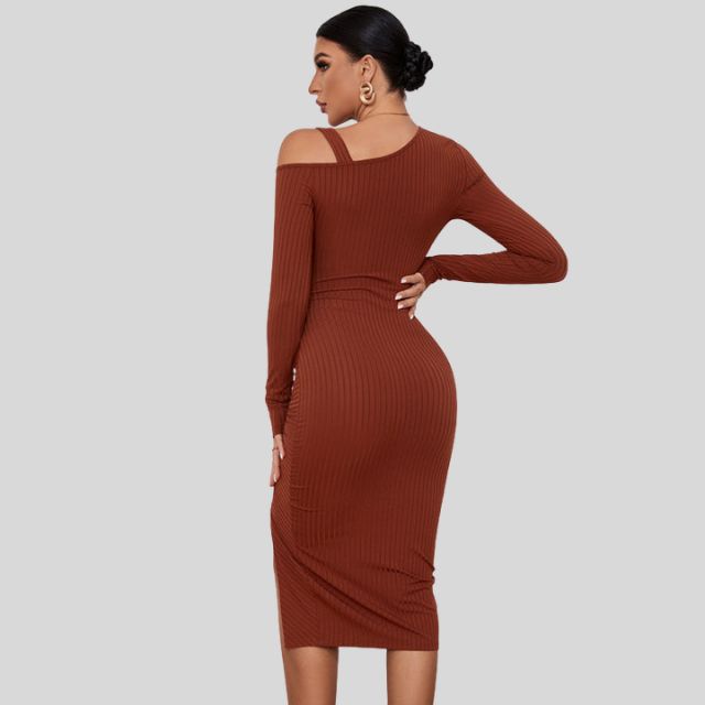 Ribbed knit dress with asymmetric shoulder