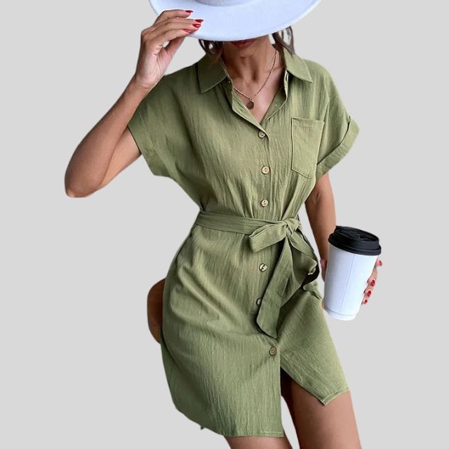 Shirt dress with button placket and waistband