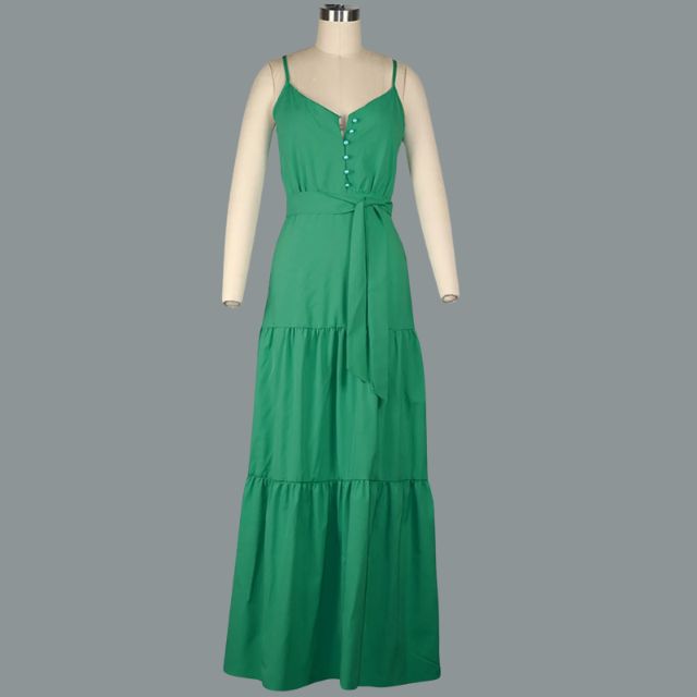 Buttoned maxi dress with V-neck and belt