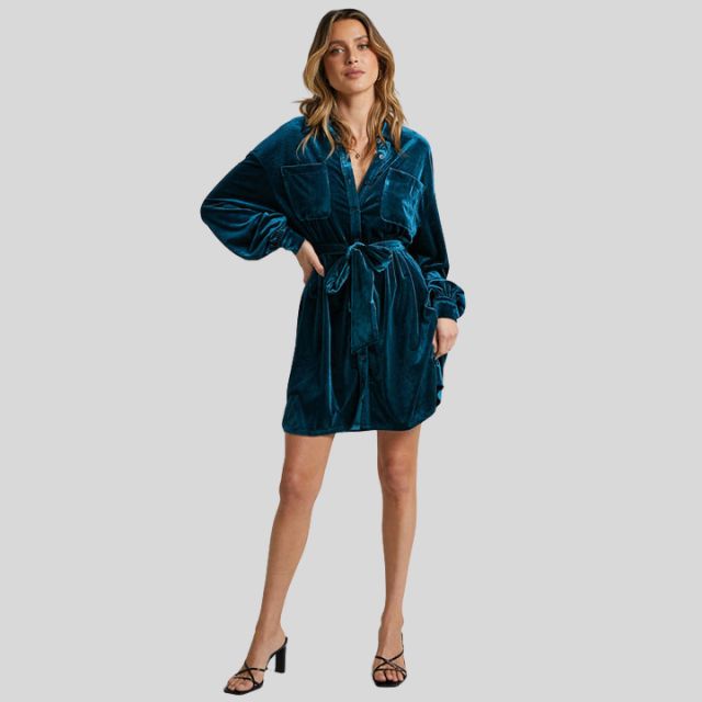 Velvet wrap dress with belted waistcoat