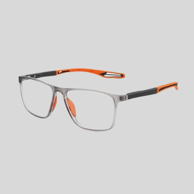 Contemporary rectangular glasses with coloured temples