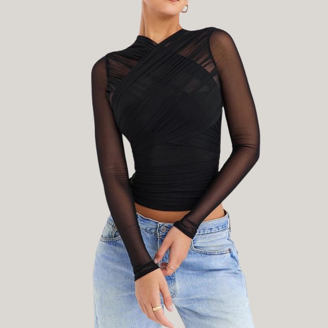 Sheer long-sleeved mesh top with layered wrap design