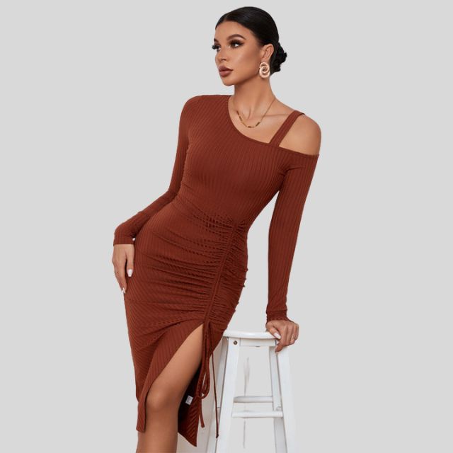 Ribbed knit dress with asymmetric shoulder