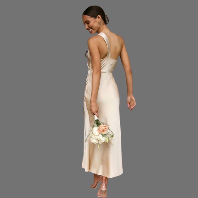 One-shoulder satin dress with draped detail