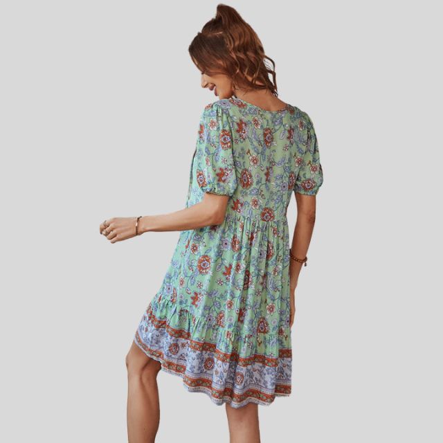 Boho-chic floral dress with high waist