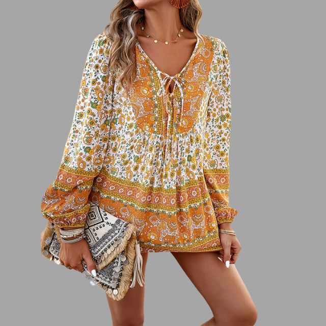 Bohemian paisley pattern tunic with lacing at the neckline