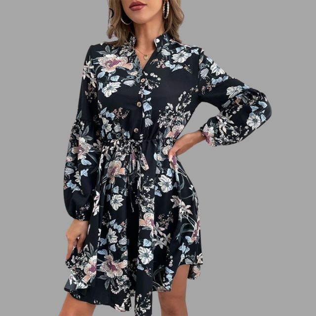 Shirt dress with floral pattern and gathered waist