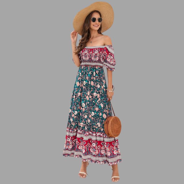 Boho maxi dress with floral pattern and off-the-shoulder cut