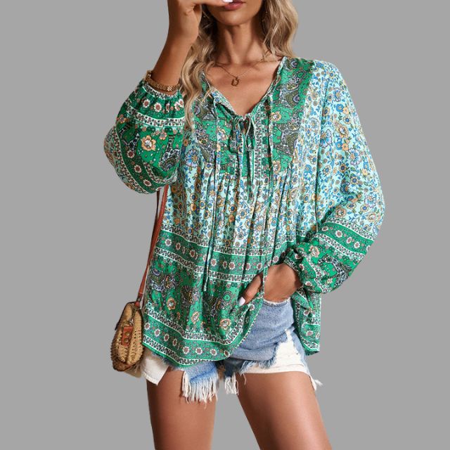 Bohemian paisley pattern tunic with lacing at the neckline