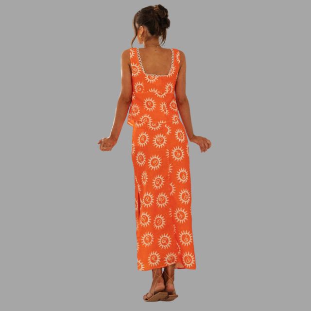 Boho chic maxi dress and top set with sunray print