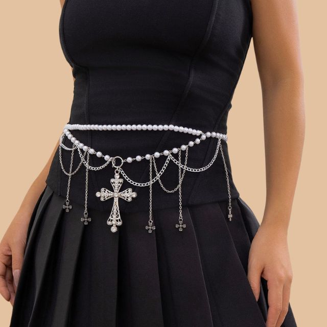 Gothic imitation pearl waist chain with cross pendants