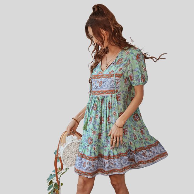 Boho-chic floral dress with high waist