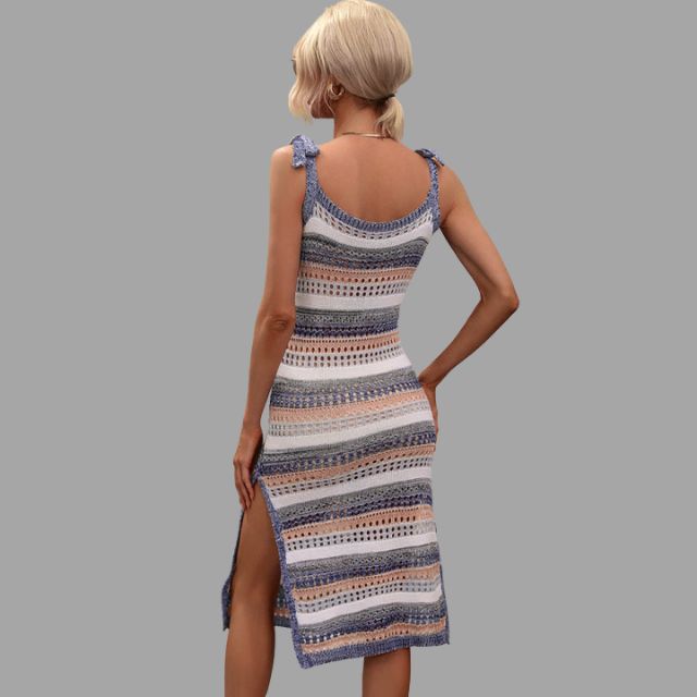 Crochet knit midi dress with ruffle details at the shoulders